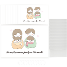 Donna&deco 可愛的家人插圖明信片 10入+卡片信封 10入+透明貼紙 10入組, 1套, 隨機出貨(明信片), 白色(信封)