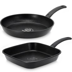 QUEEN SENSE Easy鍋具2件組, 黑色, 平底鍋 28cm+方形煎鍋 27cm