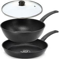 QUEEN SENSE Easy 平底鍋3件套組, 黑色, 平底鍋 28cm + 炒鍋 28cm + 玻璃鍋蓋 28cm