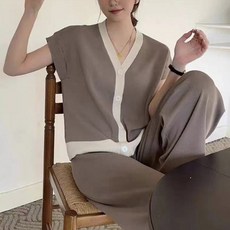 ViVEMO 簡約極簡配色無袖鈕扣針織休閒西裝套裝 03343