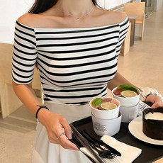 ViVEMO 女款修身夏季條紋一字領T恤 03353