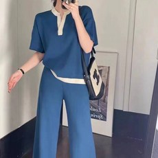 ViVEMO 簡約極簡撞色短袖針織衫長褲兩件式套裝 03342