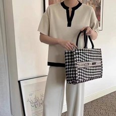 ViVEMO 簡約極簡撞色短袖針織衫西裝褲兩件式套裝 03342