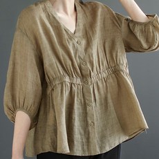 아뗄릭 여성용 루즈핏 허리주름 여름 버튼 브이넥 블라우스 02201