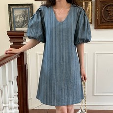 비비에모 빅퍼프 스트라이프 패턴 브이넥 유니크 원피스 03305