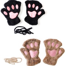 PARTYSHOW 貂絨貓咪手套 雙手 2件組, 1套, 黑色 + 卡其色