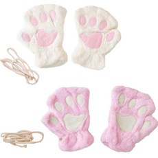 PARTYSHOW 貂絨貓咪手套 雙手 2件組, 1套, 白色 + 粉紅色