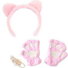 PARTYSHOW 仿貂毛貓咪髮箍 + 雙手手套組, 粉紅色 + 粉紅色, 1套