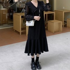 페이퍼먼츠 빅카라 리본 포인트 시스루 소매 원피스 04531 빅사이즈 포함