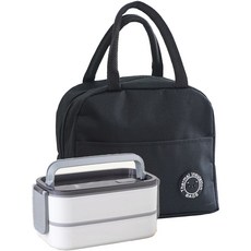 inbloom 暖白色不鏽鋼2層便當盒 + 保冷保溫便當袋套組, 黑色(便當袋), 1套