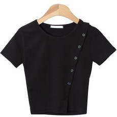 시크블랙 여성용 프쉘넷 사선 단추 크롭 반팔 티셔츠 cpt12179k33
