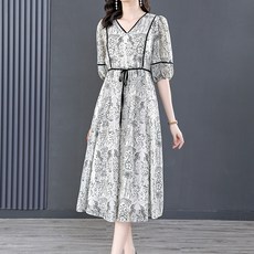 아뗄릭 우아한 라인 포인트 마블 패턴 퍼프 롱 원피스 02170 빅사이즈 포함