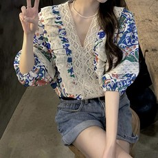 Paperments 蕾絲線條印度風夏季色彩雪紡衫 04240