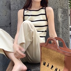 페이퍼먼츠 여성용 슬림핏 스트라이프 민소매 크롭 조끼 티셔츠 04989