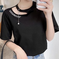 메이첼 여성용 통기성 쇄골 트임 레터링 반팔 티셔츠 02377