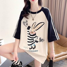 메이첼 여성용 통기성 단가라 래빗 5부 소매 루즈 티셔츠 02407