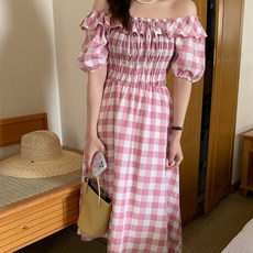 메이첼 여름 체크 오프숄더 퍼프소매 스모크 롱 원피스 02253