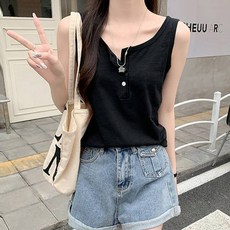 메이첼 여성용 통기성 라운드 버튼넥 민소매 캐주얼 티셔츠 02382