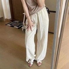 비비에모 여성용 밴딩 주름 린넨 통기성 와이드 슬랙스 팬츠 03468