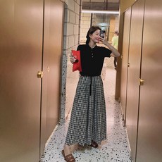 Elsso 格紋高腰寬版裙褲