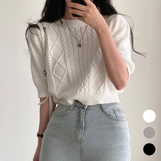 페이퍼먼츠 여성용 꼬임 숄더 퍼프 벌룬 반소매 니트 티셔츠 04929