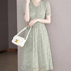 ATTERLIC 圓點修身雪紡夏季連身裙 02232, 淺綠色