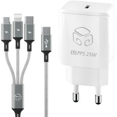 DGG AXIS PD 25W 超高速充電器 + 3合1 SkyMetaC 高速充電線 200cm 套組, 白色(充電器), 金屬銀(充電線), 1套