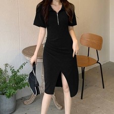 메이첼 지퍼카라 셔링 트임 반팔 원피스 02440 빅사이즈 포함