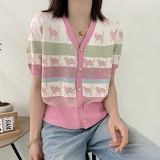 메이첼 여성용 브이넥 컬러 애니몰 반팔 니트 가디건 02344