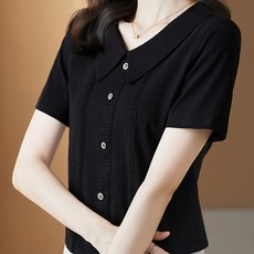 ATTERLIC Eotieo 鍍金鈕扣蕾絲點綴翻領上衣T恤 02360