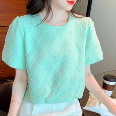 페이퍼먼츠 퐁퐁 레이스 볼륨 퍼프 반소매 라운드넥 블라우스 04917