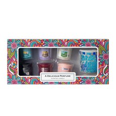 Yankee Candle 許願香薰蠟燭 6 種 + 馬賽克燭台禮品套裝, 巴哈馬微風、黑櫻桃、潔淨棉、檸檬薰衣草、仲夏夜、粉紅沙, 藍色（燭台）