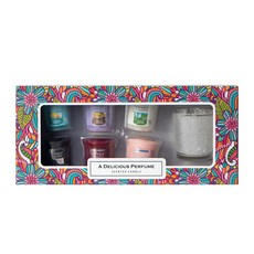 YANKee CANDLe Votive香氛蠟燭6入 + 馬賽克燭臺禮盒組, 巴哈馬微風,黑櫻桃,潔淨棉,檸檬薰衣草,仲夏之夜,粉紅沙灘, 銀色(燭台)