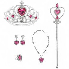 OLIVEPARTY 生日派對 新娘婚前派對 公主 皇冠 + 魔法棒 + 戒指 + 項鍊 + 耳環 道具套組, 1套, 玫瑰粉紅色