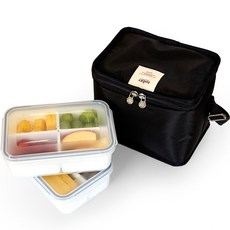 FUNNYMADE 韓國製造 上班族分隔便當盒 1100ml x 2種 + 保冷袋組合, 1套, 黑色(包)