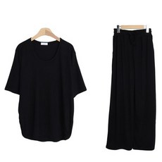 시크블랙 폴롱잇 유넥 밑단 라운드 반팔 밴딩 바지 세트 cpset2706k34