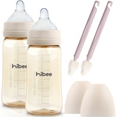 hibee PPSU 八孔排氣奶瓶 270ml x 2入 + 雙入組 + Monggle 長款迷你刷 隨機出貨 2入組, 沙色 L, 1套
