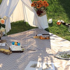 RaonToU 攜帶式防水野餐墊, 03 米色格子