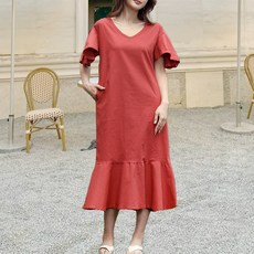 턴키 여성용 통기성 빅사이즈 린넨 웨이브 스판 프릴 반팔 롱 원피스 OPS-2834