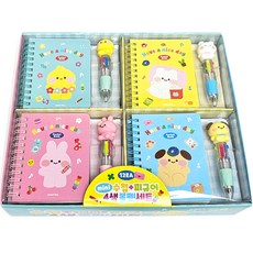 Sweet Day 迷你筆記本 4 種 x 3p + figure 4 彩色圓珠筆 4 種 x 3p 套組, 粉色、天空、綠色、黃色, 1套