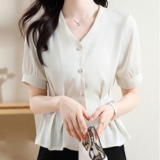 Paperments 鈕扣開合腰部細褶亮點V領短袖上衣 05064