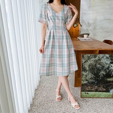 페이퍼먼츠 체크 브이넥 반팔 A라인 원피스 04763 빅사이즈 포함