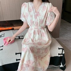 페이퍼먼츠 하나바 브이넥 퍼프소매 우아한 플라워 자수 시스루 원피스 05256