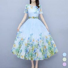 아뗄릭 여성용 플라워 라운드넥 슬림핏 주름 쉬폰 롱 원피스 02347 빅사이즈 포함