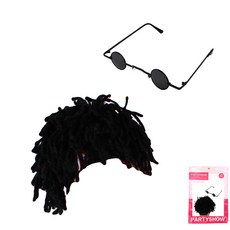 PARTYSHOW 雷鬼假髮 + 復古迷你眼鏡組, 黑色(假髮), 全黑(眼鏡), 1套