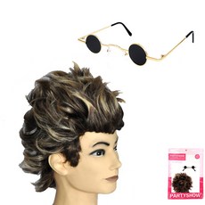 派對錶演騎士假髮 + 復古迷你眼鏡套組, 混色（假髮） 鎏金黑（眼鏡）, 1組