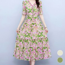 ATTERLIC 女款碎花淑女風西式蛋糕裙雪紡連身裙 02343 含大尺碼, 綠色