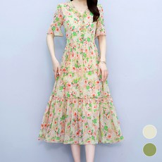 ATTERLIC 女款碎花淑女風西式蛋糕裙雪紡連身裙 02343 含大尺碼, 黃色