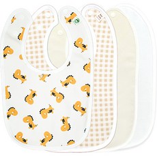 印花棉質圍兜組, 芥末黃恐龍+格紋米色+米色 +象牙白, 4件, 1組