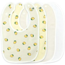 印花棉質口水巾圍兜 4件組, 檸檬(米色)+檸檬(黃色)+素色(米色)+素色(象牙白), 1組